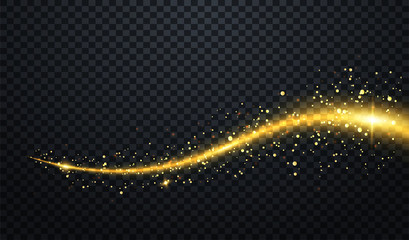 Poster - Golden particles wave or comet trail wave with sparkling light effect on vector transparent background