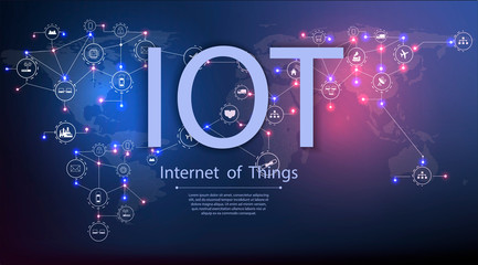 Fototapete - Internet of things (IOT), devices and connectivity concepts on a network, cloud at center. digital circuit board above the planet Earth.