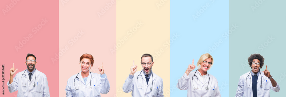 Collage of professional doctors over colorful stripes isolated background pointing finger up with successful idea. Exited and happy. Number one. - obrazy, fototapety, plakaty 