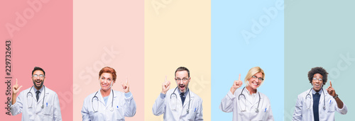 Fotografía Collage of professional doctors over colorful stripes isolated background pointing finger up with successful idea