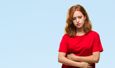 Canvas Print - Young beautiful woman over isolated background with hand on stomach because nausea, painful disease feeling unwell. Ache concept.