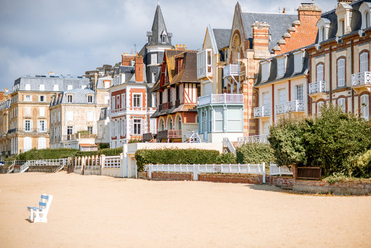 luxury buildings on the coastline of trouville, famous french resort in normandy