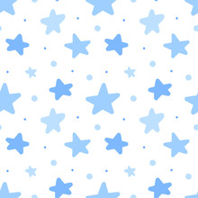 Seamless Pattern Of Blue Stars. Concept For Baby Shower, Birthday, Holiday, Sleep, Texture, Background, Wallpaper, Wrapping Paper, Print For Clothes, Cards, Banner. Vector Illustration For Boy