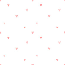 Seamless Pattern Of Hand-drawn Pink Hearts On A Transparent Background. Vector Image For A Holiday, Baby Shower, Birthday, Valentine's Day, Wrappers, Prints, Clothes, Cards, Banner, Textiles, Girl