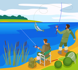 Wall Mural - Fishermen Isometric Composition