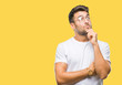 © Krakenimages.com - Young handsome man wearing glasses over isolated background with hand on chin thinking about question, pensive expression. Smiling with thoughtful face. Doubt concept.