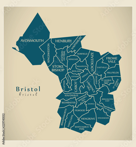 Fotomural Modern City Map - Bristol city of England with wards and titles UK