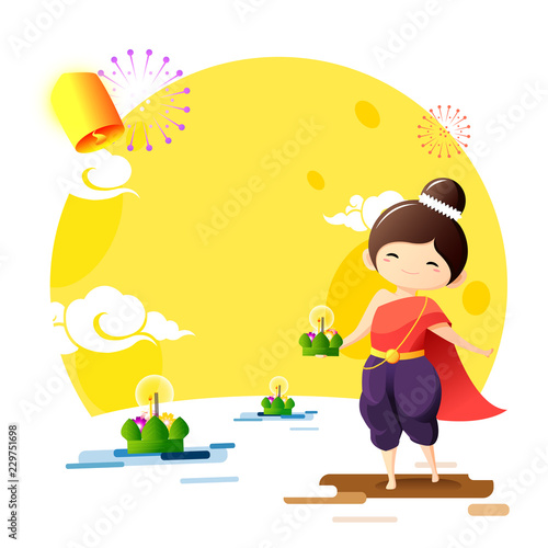 Girl In Thai Traditional Costume Holding Krathong With Full Moon Lanterns Isolated On White Background Loy Krathong Festival Concept Vector Illustration Buy This Stock Vector And Explore Similar Vectors At Adobe Stock Adobe