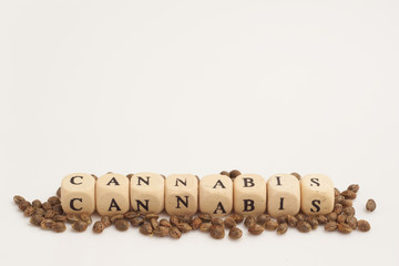 Wall Mural - Alphabet cubes with cannabis seeds on white background