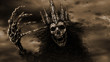 Dark queen pulls bony hand. Monochrome background. Horror fantasy illustration. Evil queen looking ahead. Scary female skull face with black eyes. Gloomy character concept art.	