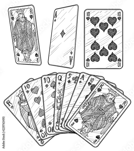 Playing cards illustration, drawing, engraving, ink, line art, vector