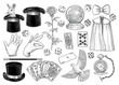 Magician equipment collection illustration, drawing, engraving, ink, line art, vector