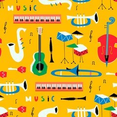 Hand drawn various musical instruments. Mid century style. Colored vector seamless pattern. Yellow background