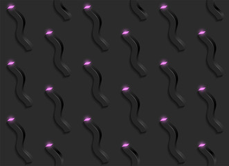 Wall Mural - Memphis inspired repeating pattern of abstract shapes and pink lights on black background, eps10 vector