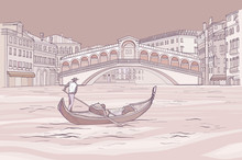 Venetian Gondola With Gondolier Near Realto Bridge.