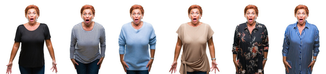 Sticker - Collage of middle age senior woman over white isolated background afraid and shocked with surprise expression, fear and excited face.