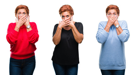 Canvas Print - Collage of middle age senior woman over white isolated background shocked covering mouth with hands for mistake. Secret concept.