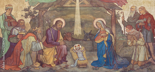 Fotomural PRAGUE, CZECH REPUBLIC - OCTOBER 17, 2018: The fresco of Adoration of Magi and Nativity in the church kostel Svateho Cyrila Metodeje probably by Gustav Miksch and Antonin Krisan (19