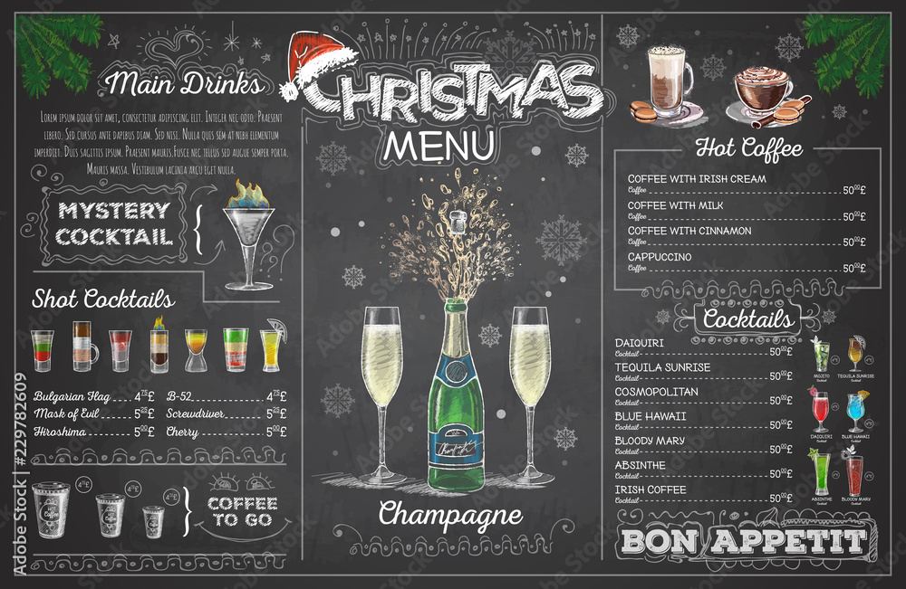 Vintage chalk drawing christmas menu design with champange. Restaurant menu - obrazy, fototapety, plakaty 