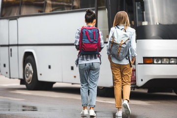 Wall Mural - rear view of female tourists with backpacks walking near travel bus at urban street