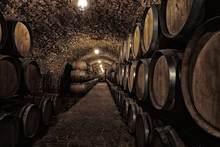 Wine Cellar Interior With Large Wooden Barrels