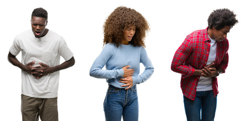 Sticker - Collage of african american group of people over isolated background with hand on stomach because indigestion, painful illness feeling unwell. Ache concept.