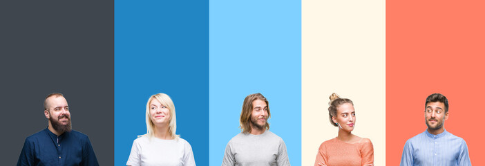 Sticker - Collage of casual young people over colorful stripes isolated background smiling looking side and staring away thinking.