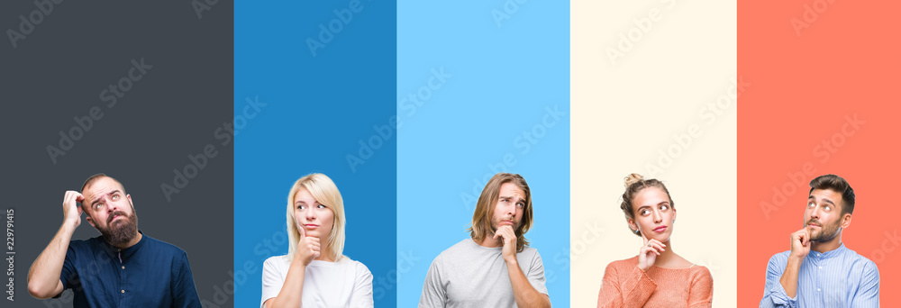 Collage of casual young people over colorful stripes isolated background with hand on chin thinking about question, pensive expression. Smiling with thoughtful face. Doubt concept. - obrazy, fototapety, plakaty 