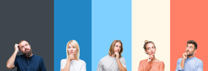 collage of casual young people over colorful stripes isolated background with hand on chin thinking 