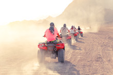 Desert In Egypt. Sharm El Sheikh. Sand And Sand Borkhan. Rock And Sunset. Quad Cycle Travel. Excursion With People.
