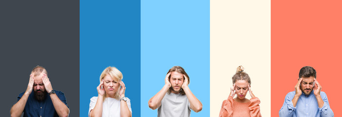 Poster - Collage of casual young people over colorful stripes isolated background with hand on head for pain in head because stress. Suffering migraine.