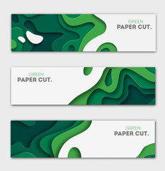 Banners set 3D abstract background, green paper cut shapes. Vector design layout for business presentations, flyers, posters and invitations. Carving art, environment and ecology elements