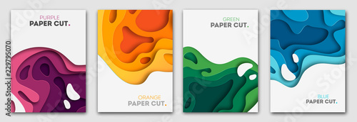 Fotomural Vertical banners set with 3D abstract background and paper cut shapes