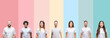 Leinwandbild Motiv Collage of different ethnics young people wearing white t-shirt over colorful isolated background with a happy and cool smile on face. Lucky person.