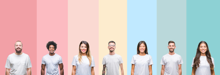 collage of different ethnics young people wearing white t-shirt over colorful isolated background wi