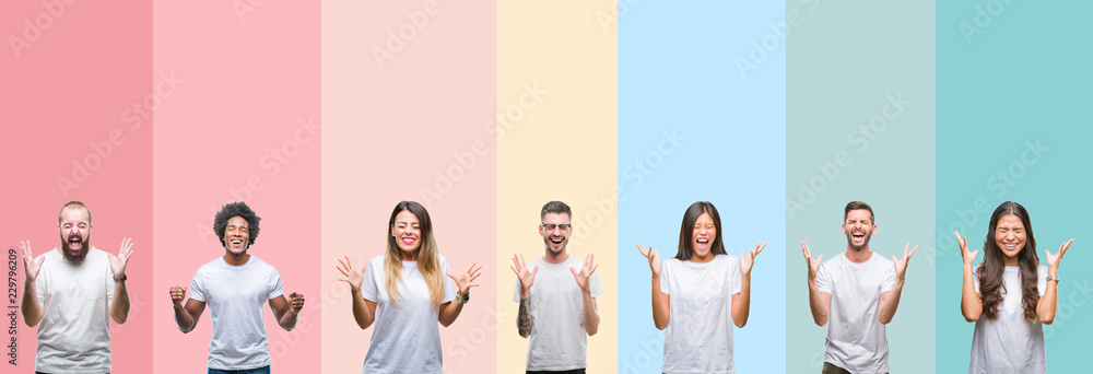 Collage of different ethnics young people wearing white t-shirt over colorful isolated background celebrating mad and crazy for success with arms raised and closed eyes screaming excited