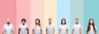 Collage of different ethnics young people wearing white t-shirt over colorful isolated background puffing cheeks with funny face. Mouth inflated with air, crazy expression.