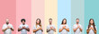 © Krakenimages.com - Collage of different ethnics young people wearing white t-shirt over colorful isolated background smiling with hands on chest with closed eyes and grateful gesture on face. Health concept.