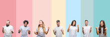 Collage Of Different Ethnics Young People Wearing White T-shirt Over Colorful Isolated Background Very Happy And Excited Doing Winner Gesture With Arms Raised, Smiling And Screaming For Success