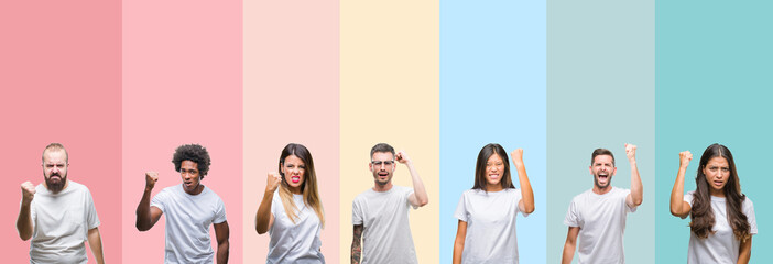 Poster - Collage of different ethnics young people wearing white t-shirt over colorful isolated background angry and mad raising fist frustrated and furious while shouting with anger. Rage and aggressive