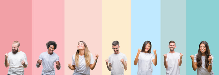 collage of different ethnics young people wearing white t-shirt over colorful isolated background ve
