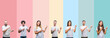 © Krakenimages.com - Collage of different ethnics young people wearing white t-shirt over colorful isolated background smiling and looking at the camera pointing with two hands and fingers to the side.