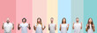 © Krakenimages.com - Collage of different ethnics young people wearing white t-shirt over colorful isolated background amazed and surprised looking up and pointing with fingers and raised arms.