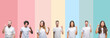 © Krakenimages.com - Collage of different ethnics young people wearing white t-shirt over colorful isolated background pointing finger up with successful idea. Exited and happy. Number one.