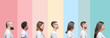© Krakenimages.com - Collage of different ethnics young people wearing white t-shirt over colorful isolated background looking to side, relax profile pose with natural face with confident smile.