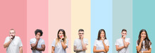 Collage Of Different Ethnics Young People Wearing White T-shirt Over Colorful Isolated Background Looking Stressed And Nervous With Hands On Mouth Biting Nails. Anxiety Problem.