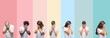 Collage of different ethnics young people wearing white t-shirt over colorful isolated background with sad expression covering face with hands while crying. Depression concept.