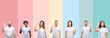 Collage of different ethnics young people wearing white t-shirt over colorful isolated background smiling positive doing ok sign with hand and fingers. Successful expression.