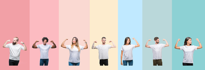 Collage of different ethnics young people wearing white t-shirt over colorful isolated background showing arms muscles smiling proud. Fitness concept.