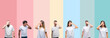 Collage of different ethnics young people wearing white t-shirt over colorful isolated background peeking in shock covering face and eyes with hand, looking through fingers